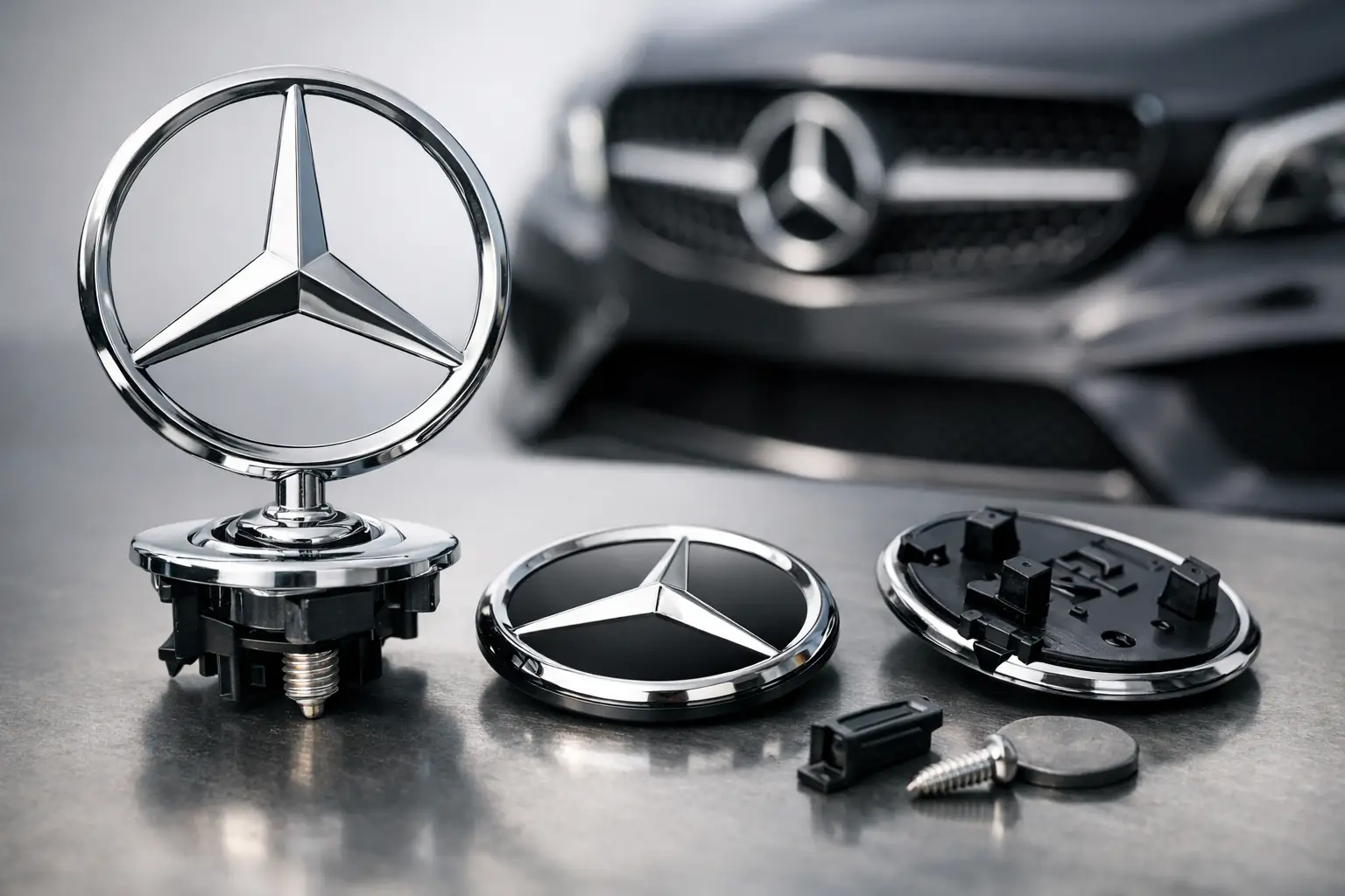 Mercedes dísz elemek: méret és rögzítés szerint